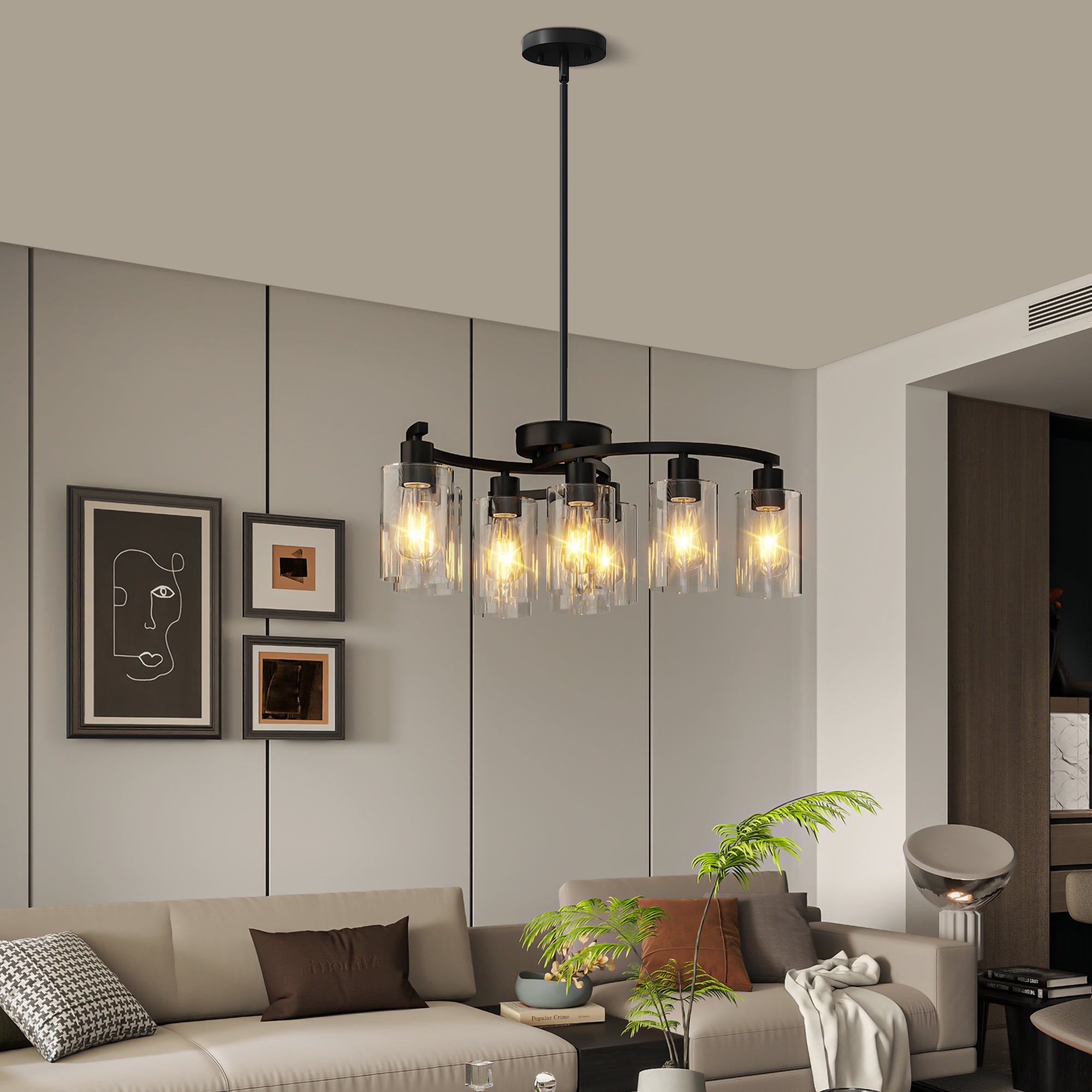 9-Light Black Modern Chandeliers For Dining Room, Adjustable Height Farmhouse Kitchen Island Lighting, Industrial Hanging Light Fixtures For Living Room Bedroom, Clear Glass Shade