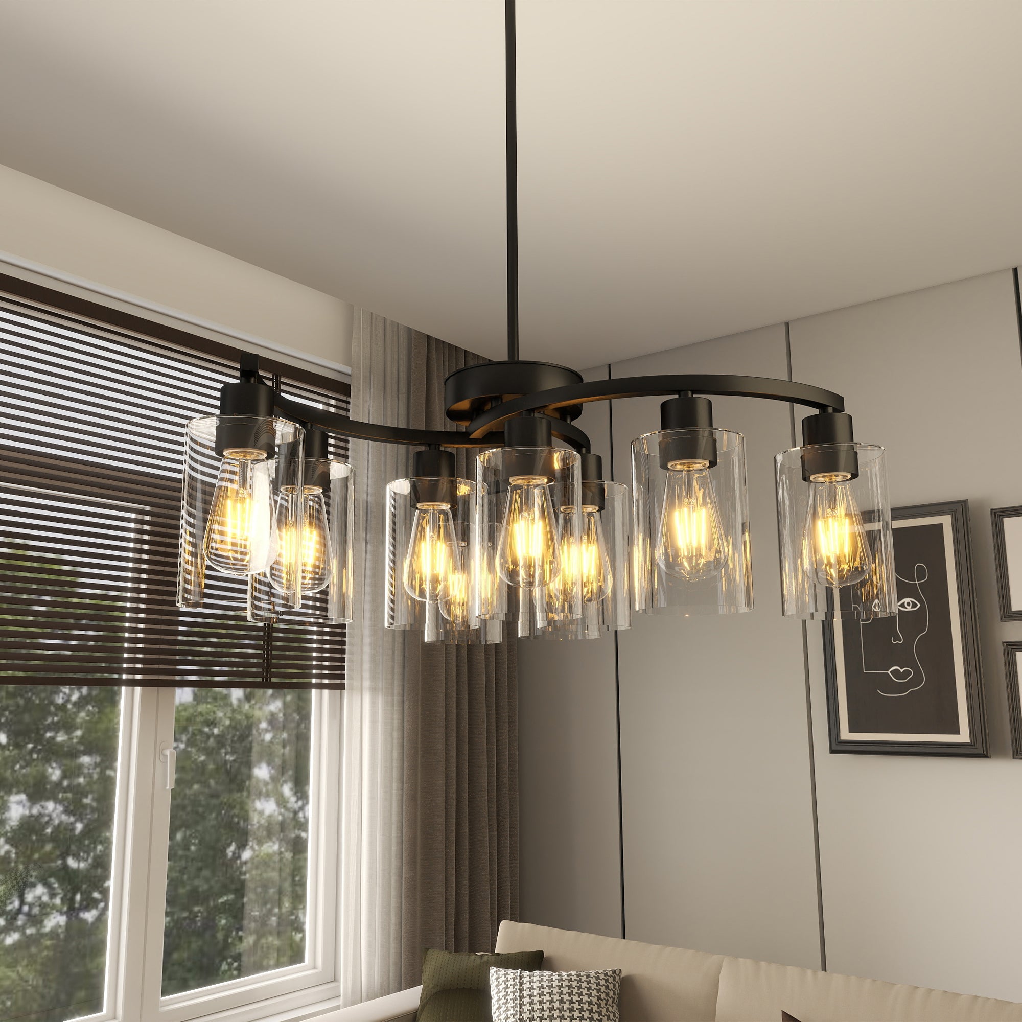9-Light Black Modern Chandeliers For Dining Room, Adjustable Height Farmhouse Kitchen Island Lighting, Industrial Hanging Light Fixtures For Living Room Bedroom, Clear Glass Shade